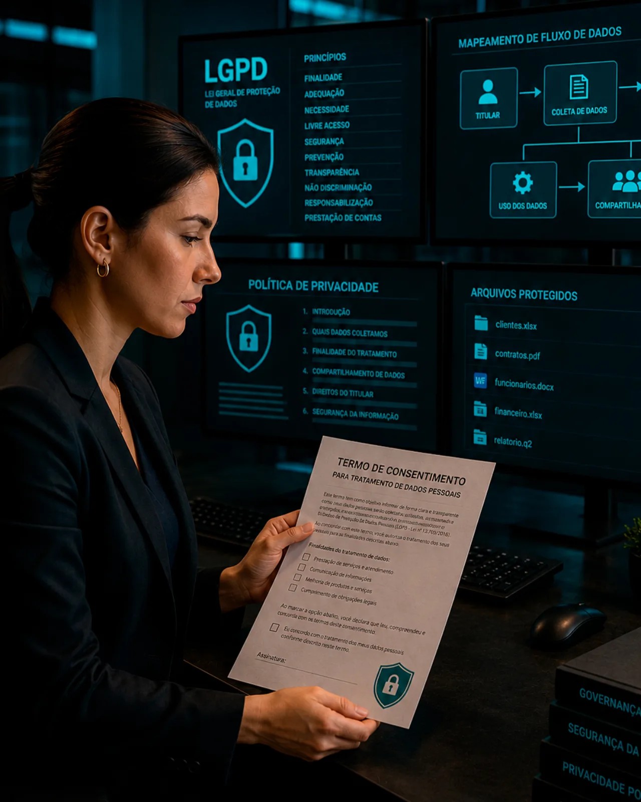 Consultoria LGPD — Proteção de Dados Pessoais, profissional analisando termo de consentimento e políticas de privacidade