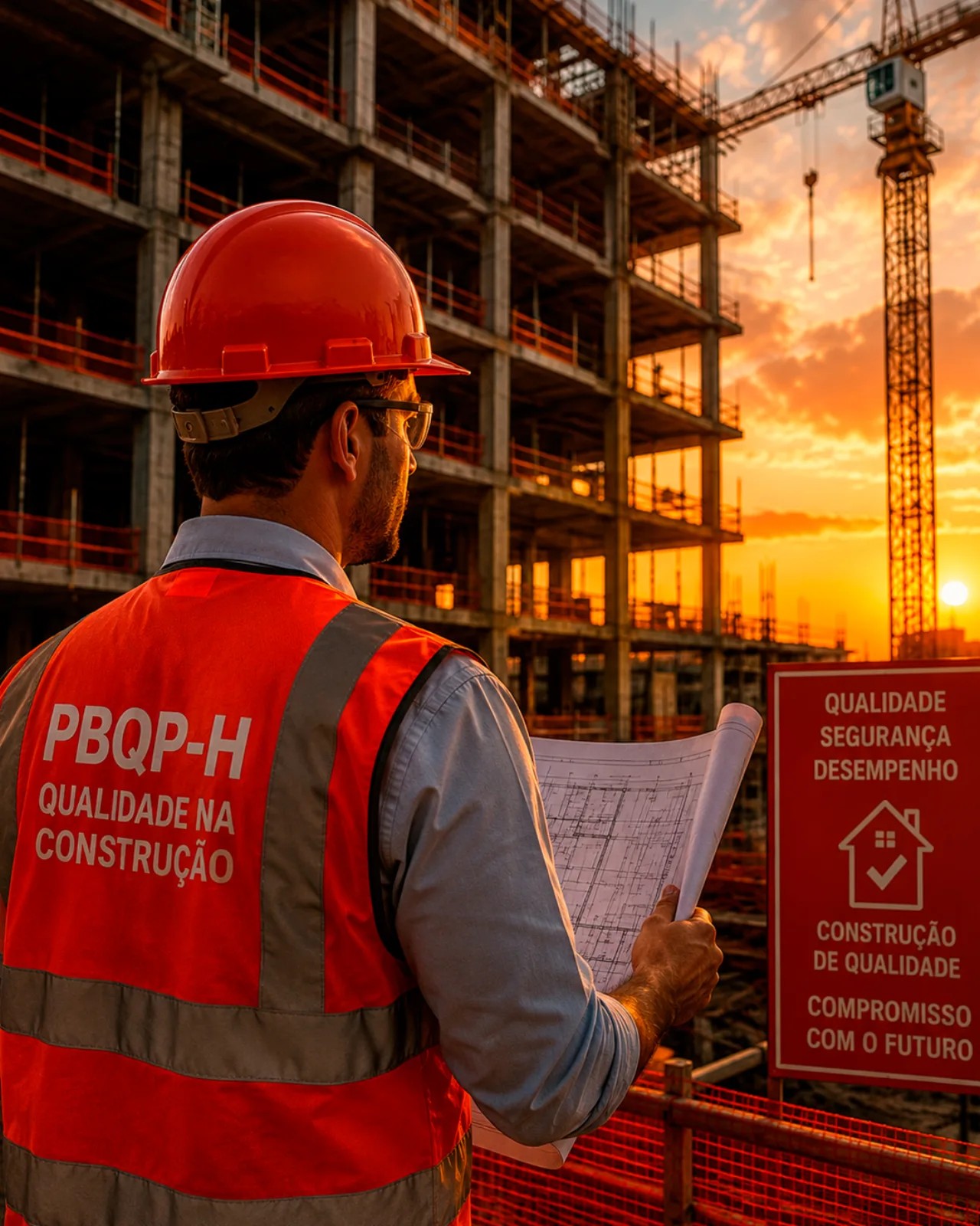 Consultoria PBQP-H — Qualidade na Construção Civil, canteiro de obras e engenheiro com planta baixa