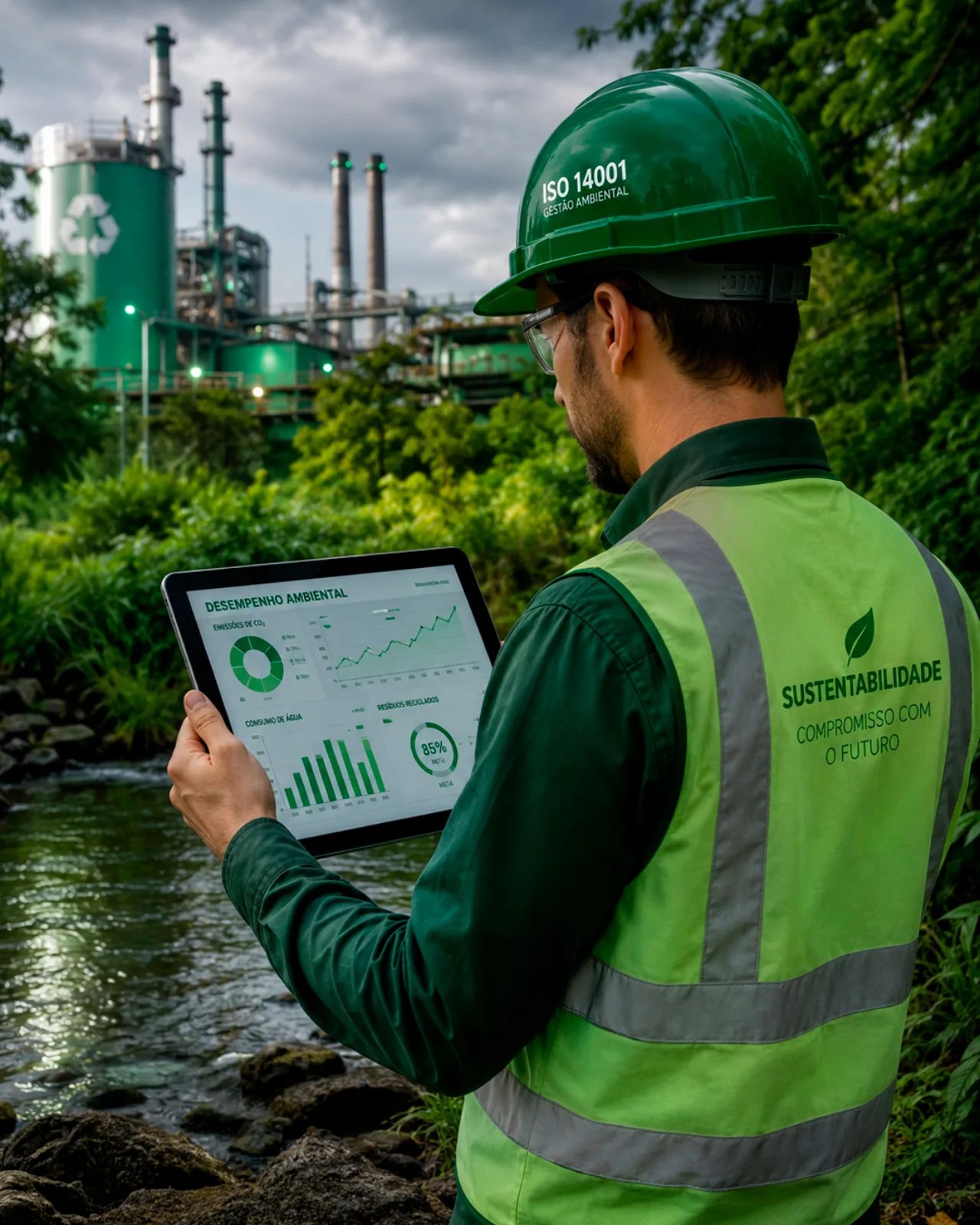 Consultoria ISO 14001 — Gestão Ambiental corporativa, engenheiro com capacete verde analisando painel de desempenho ambiental em tablet, fábrica ao fundo junto a um rio, paleta verde e cinza, fotografia realista