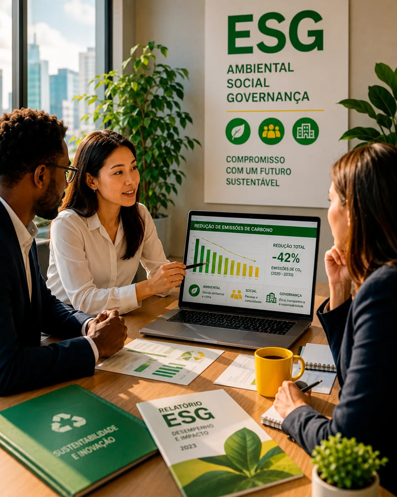 Consultoria ESG — Ambiental, Social e Governança, reunião corporativa com relatório de sustentabilidade