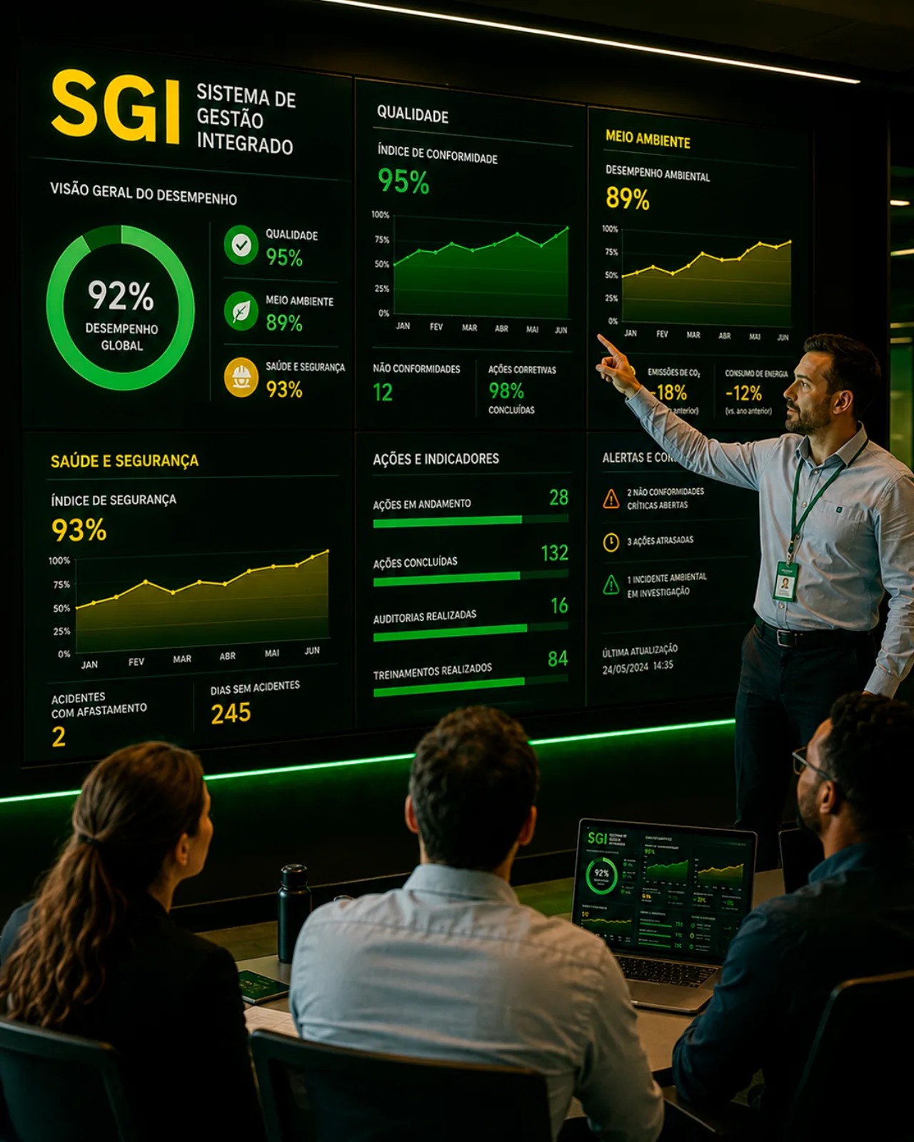 Consultoria SGI — Sistema de Gestão Integrado, dashboard corporativo com indicadores de qualidade, meio ambiente e segurança
