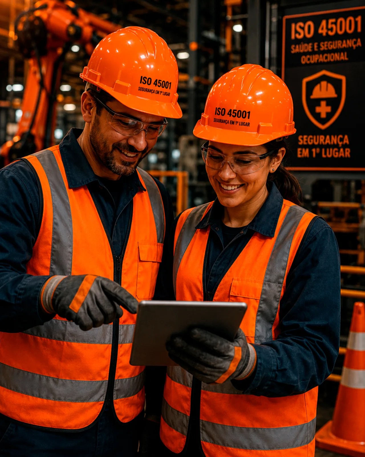 Consultoria ISO 45001 — Saúde e Segurança Ocupacional, equipe industrial com EPIs em ambiente de fábrica