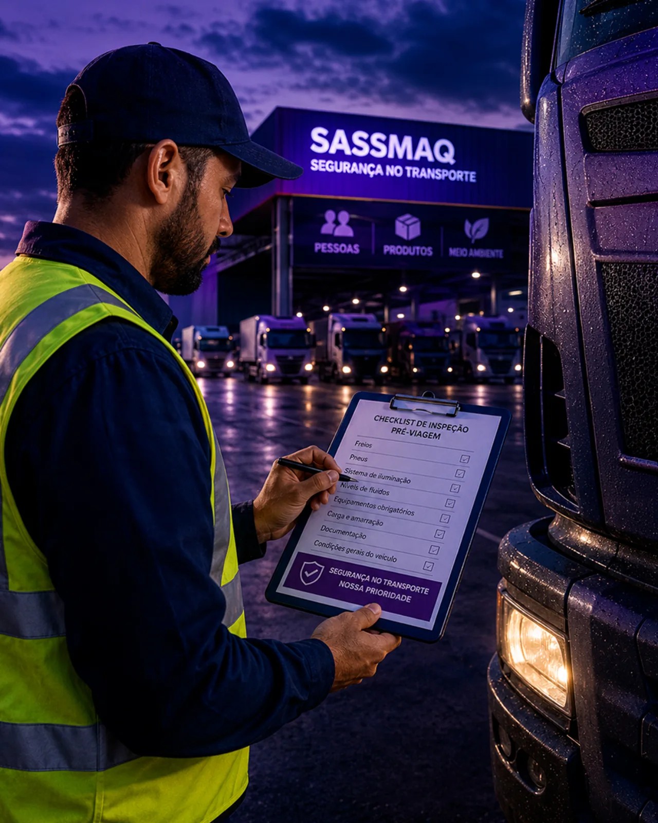 Consultoria SASSMAQ — Segurança no Transporte, inspeção de caminhão e checklist de segurança logística