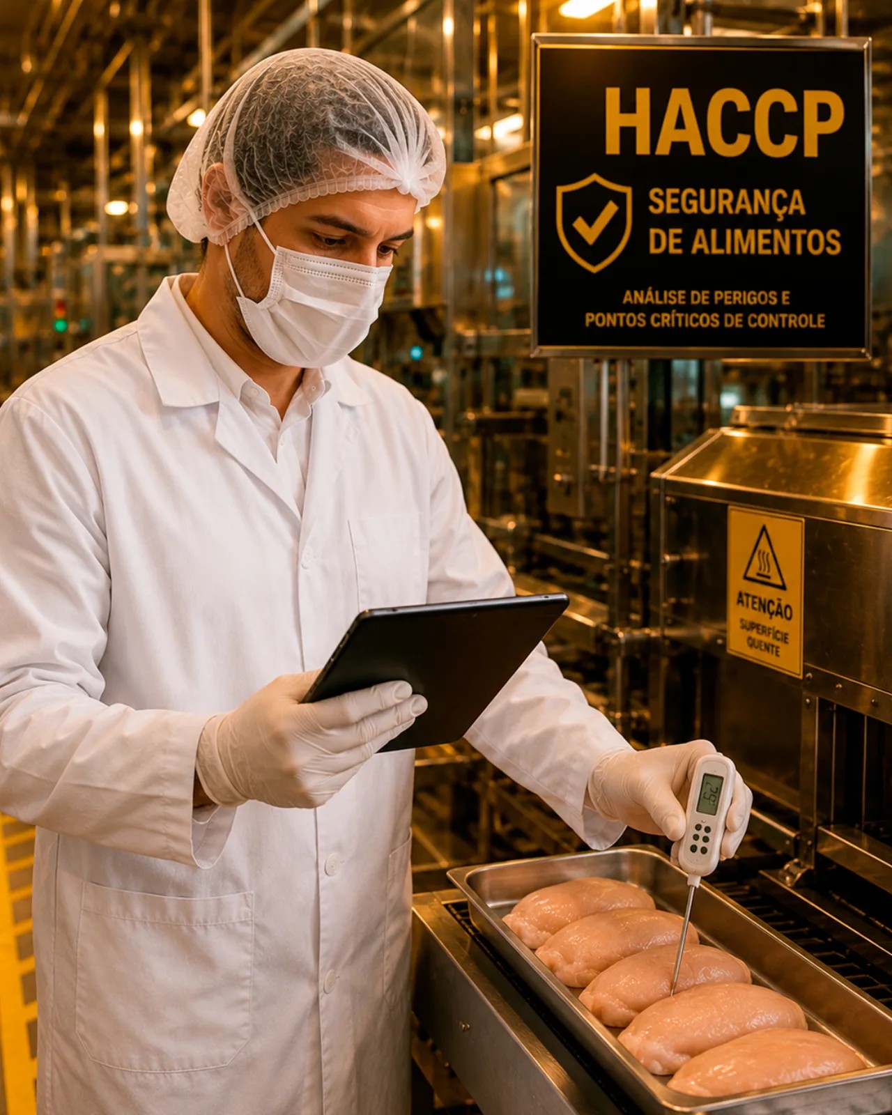 Consultoria HACCP — Análise de Perigos e Pontos Críticos de Controle, técnico de indústria alimentícia com touca e máscara medindo temperatura de peças de frango em bandeja de inox com termômetro digital, painel de segurança de alimentos ao fundo, paleta amarela e branca, fotografia realista industrial